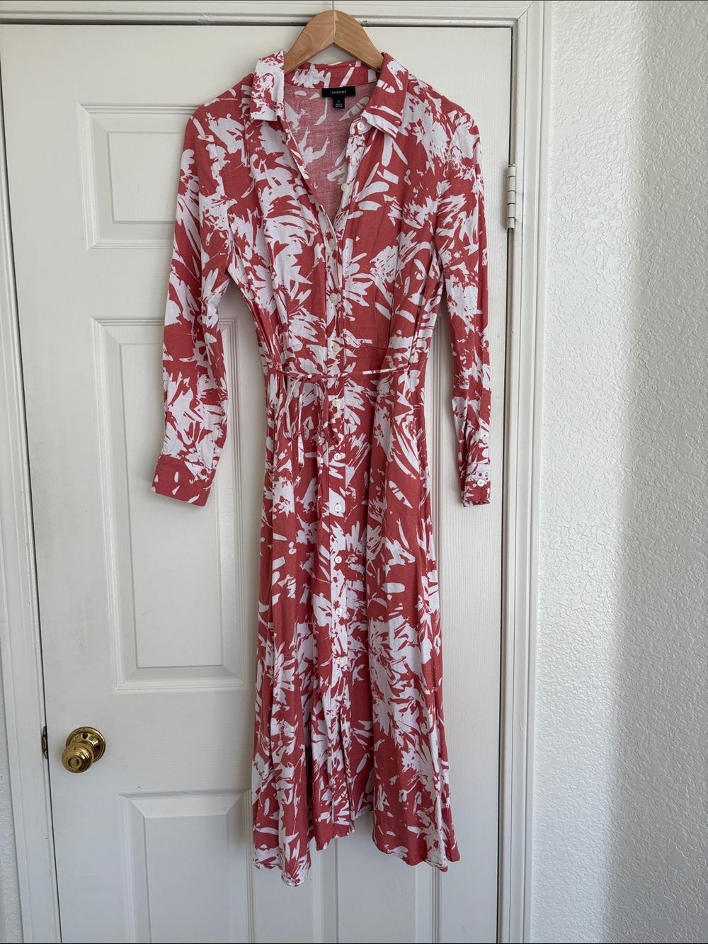 Alfani Salmon Floral Midi Dress Linen Long Sleeve Button Down Tie Waist 4